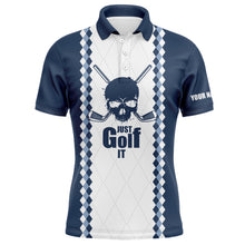 Load image into Gallery viewer, Just golf it Mens golf polo shirt blue and white golf skull custom name golf gifts for men NQS4332