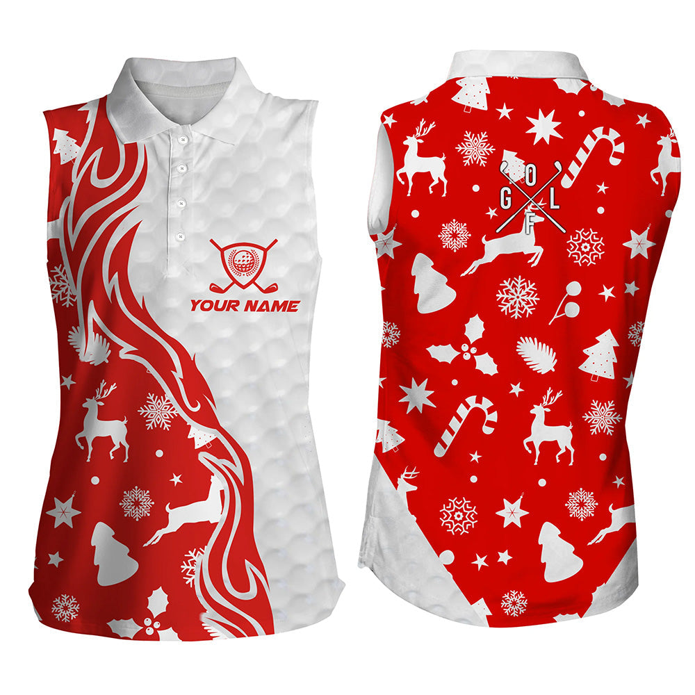 Red Christmas pattern golf ball Womens sleeveless polo shirts custom christmas golf shirts lady NQS6852