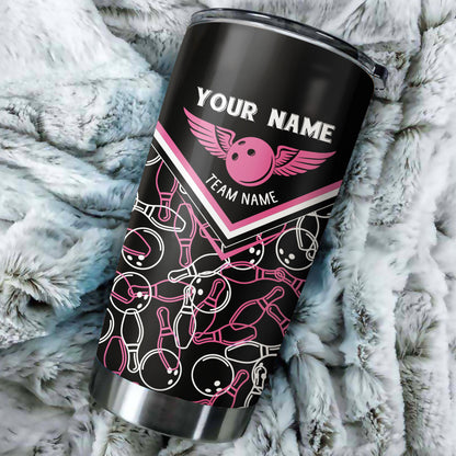 1pc Black Bowling Ball and Pins custom team name Tumbler Cup, Personalized bowling drinkware NQS5229