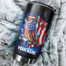 Load image into Gallery viewer, Bass Fishing Tumbler American Flag patriotic 4th of July Custom name Stainless Steel Tumbler Cup Personalized Fishing gift  - NQS459
