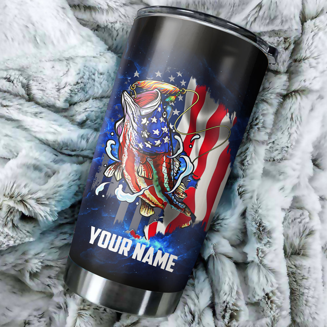 Bass Fishing Tumbler American Flag patriotic 4th of July Custom name Stainless Steel Tumbler Cup Personalized Fishing gift  - NQS459