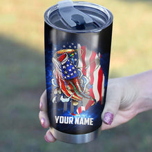 Load image into Gallery viewer, Bass Fishing Tumbler American Flag patriotic 4th of July Custom name Stainless Steel Tumbler Cup Personalized Fishing gift  - NQS459