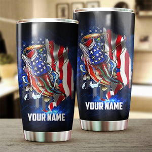 Bass Fishing Tumbler American Flag patriotic 4th of July Custom name Stainless Steel Tumbler Cup Personalized Fishing gift  - NQS459