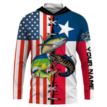 Load image into Gallery viewer, Mahi mahi, yellowfin Tuna, Wahoo Fishing American and Texas flag UV protection quick dry customize name long sleeves shirt UPF 30+ personalized gift for Fishing lovers - NQS719