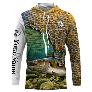 Walleye fishing scale UV protection Customize name long sleeves UPF 30+ personalized gift for fisherman NQS843