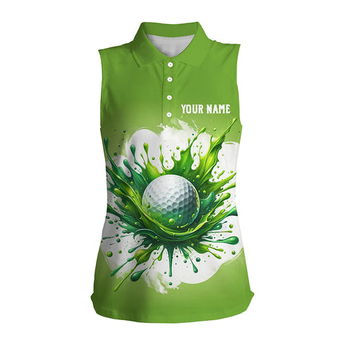 Women sleeveless golf polo shirts custom watercolor green golf ball pattern golf tops for womens NQS7293