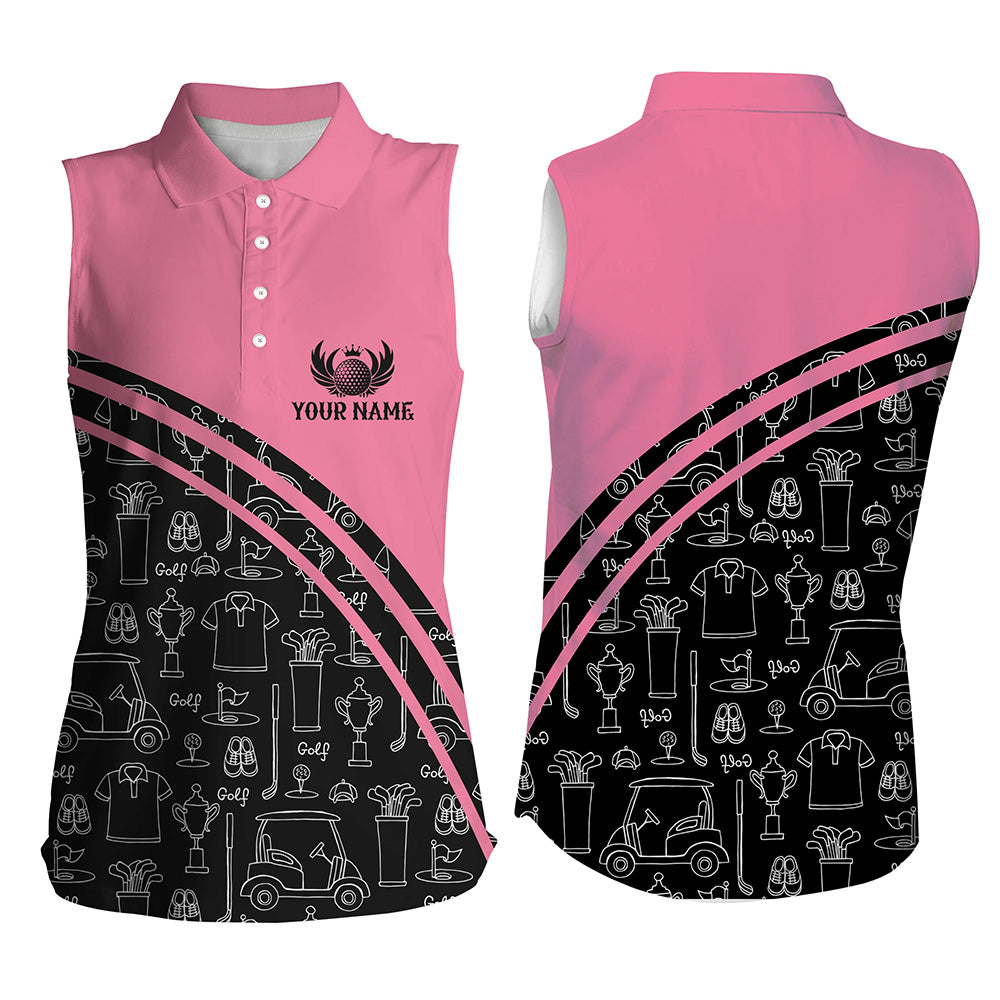 Womens sleeveless polo shirt custom black pattern short sleeve golf shirts, golf gift for her | Pink NQS5242