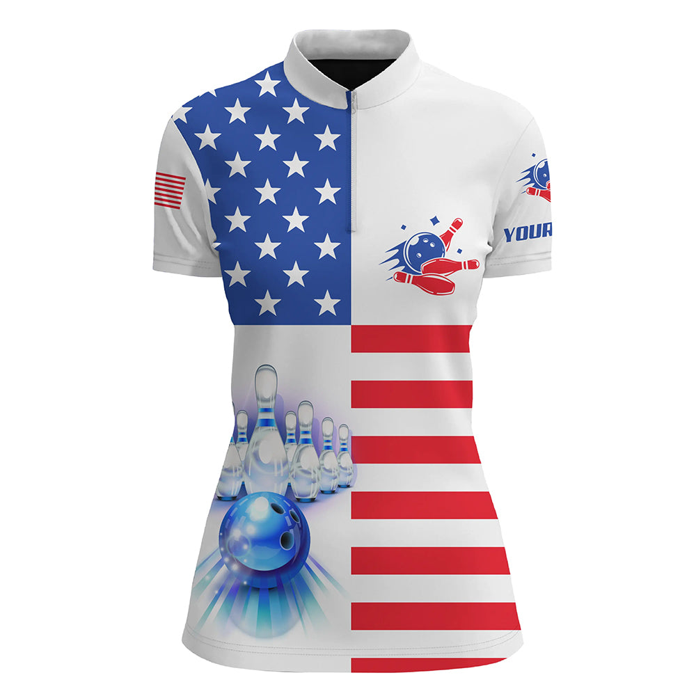 Womens Quarter Zip shirt Custom American flag patriotic Bowling Team Jersey, customize bowling shirts NQS6384