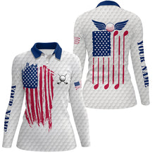 Load image into Gallery viewer, Red, white and blue Womens golf polo shirts custom golf clubs American flag patriotic ladies golf tops NQS7295