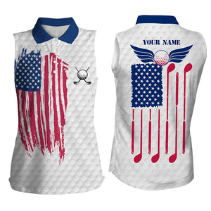 Red, white & blue Women sleeveless golf polo shirt custom golf clubs American flag patriotic golf tops NQS7295