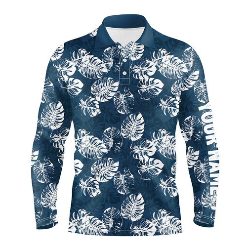 Mens golf polo shirt custom blue tropical monstera leaves pattern team golf tops for men, golfing gift NQS7298