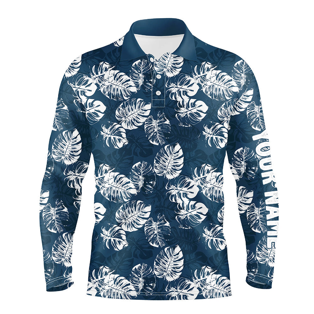 Mens golf polo shirt custom blue tropical monstera leaves pattern team golf tops for men, golfing gift NQS7298