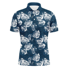 Load image into Gallery viewer, Mens golf polo shirt custom blue tropical monstera leaves pattern team golf tops for men, golfing gift NQS7298