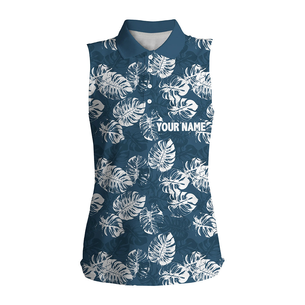 Women sleeveless golf polo shirts custom blue tropical monstera leaves pattern team ladies golf tops NQS7298