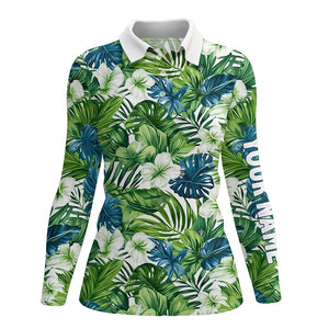 Womens golf polo shirts custom green tropical flower leaves pattern team golf tops for ladies NQS7299