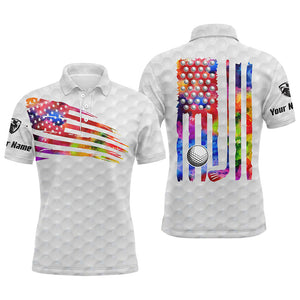 Mens golf polo shirt watercolor American flag patriotic golf shirts custom golf gifts for men | White NQS5255