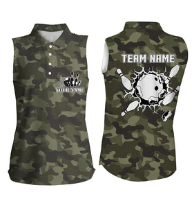 Bowling sleeveless polo shirts for women Custom bowling ball and pins green camo Bowling Team Jersey NQS5261