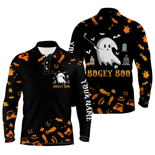 Funny black orange Halloween background mens golf polo shirts custom Bogey Boo mens golf tops NQS6393