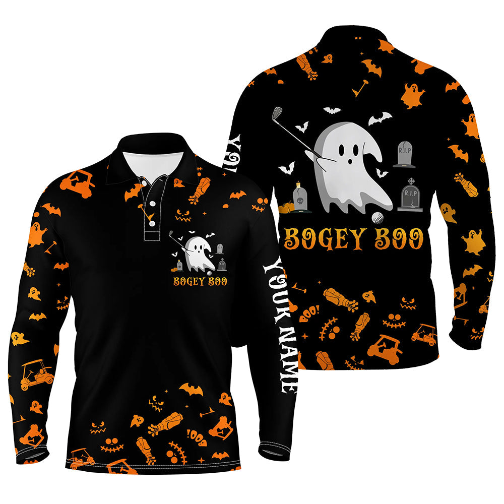 Funny black orange Halloween background mens golf polo shirts custom Bogey Boo mens golf tops NQS6393