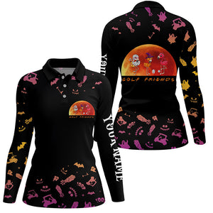 Funny women golf polo shirt orange black Halloween background custom name Flamingo golf friends NQS6390