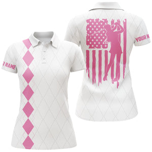 Womens golf polo shirt pink American flag patriotic golf shirts custom name golf gifts NQS4944