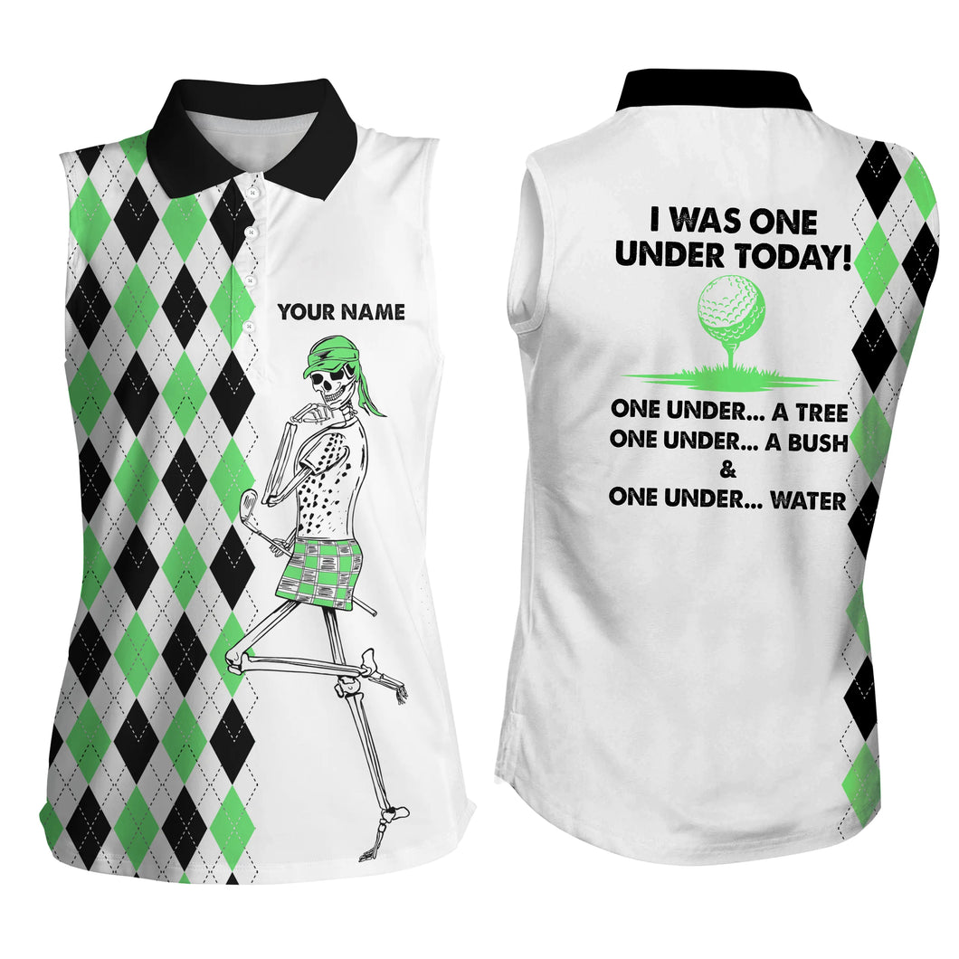 Golf skull green argyle plaid pattern Womens sleeveless polo shirt custom I was one under today NQS4946