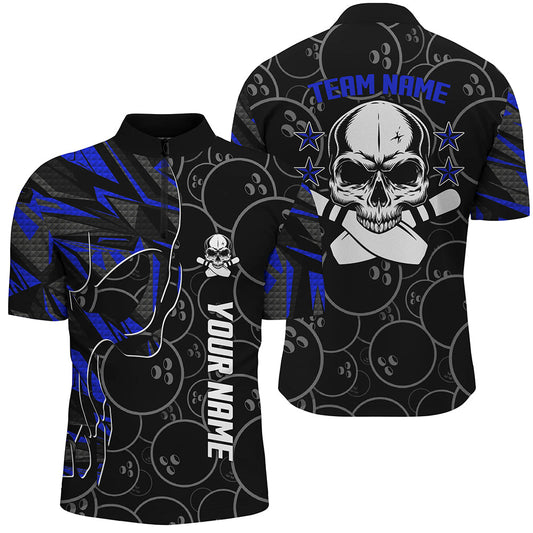 Blue camo black Bowling Quarter Zip shirts for men custom team Skull Bowling, team bowling jerseys NQS6421