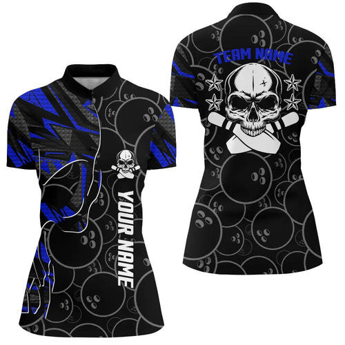 Blue camo black Bowling Quarter Zip shirts for women custom team Skull Bowling, team bowling jerseys NQS6421