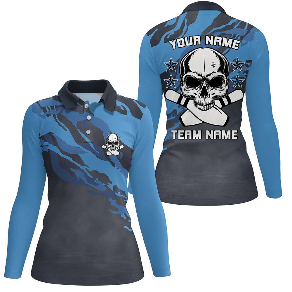 Personalized blue camo Skull Bowling polo Shirt for women Custom Team's Name Bowler Jersey NQS6411