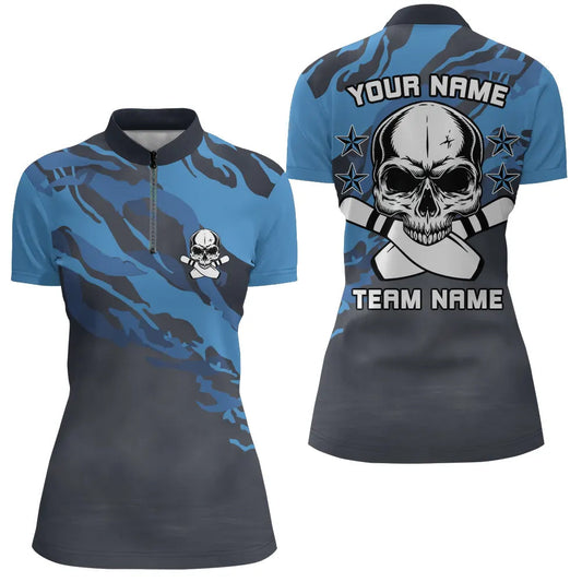 Personalized blue camo Skull Bowling Quarter Zip Shirt for women Custom Team's Name Bowler Jersey NQS6411