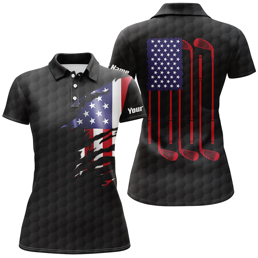 Womens golf polo shirt black golf ball American flag patriotic golf clubs custom name golfing gifts NQS6634