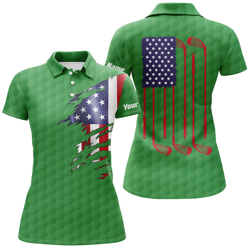 Womens golf polo shirt green golf ball American flag patriotic golf clubs custom name golfing gifts NQS6635