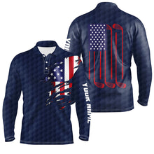 Load image into Gallery viewer, Mens golf polo shirts navy golf ball American flag patriotic golf clubs custom name golfing gifts NQS6636