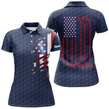 Load image into Gallery viewer, Womens golf polo shirt navy golf ball American flag patriotic golf clubs custom name golfing gifts NQS6636