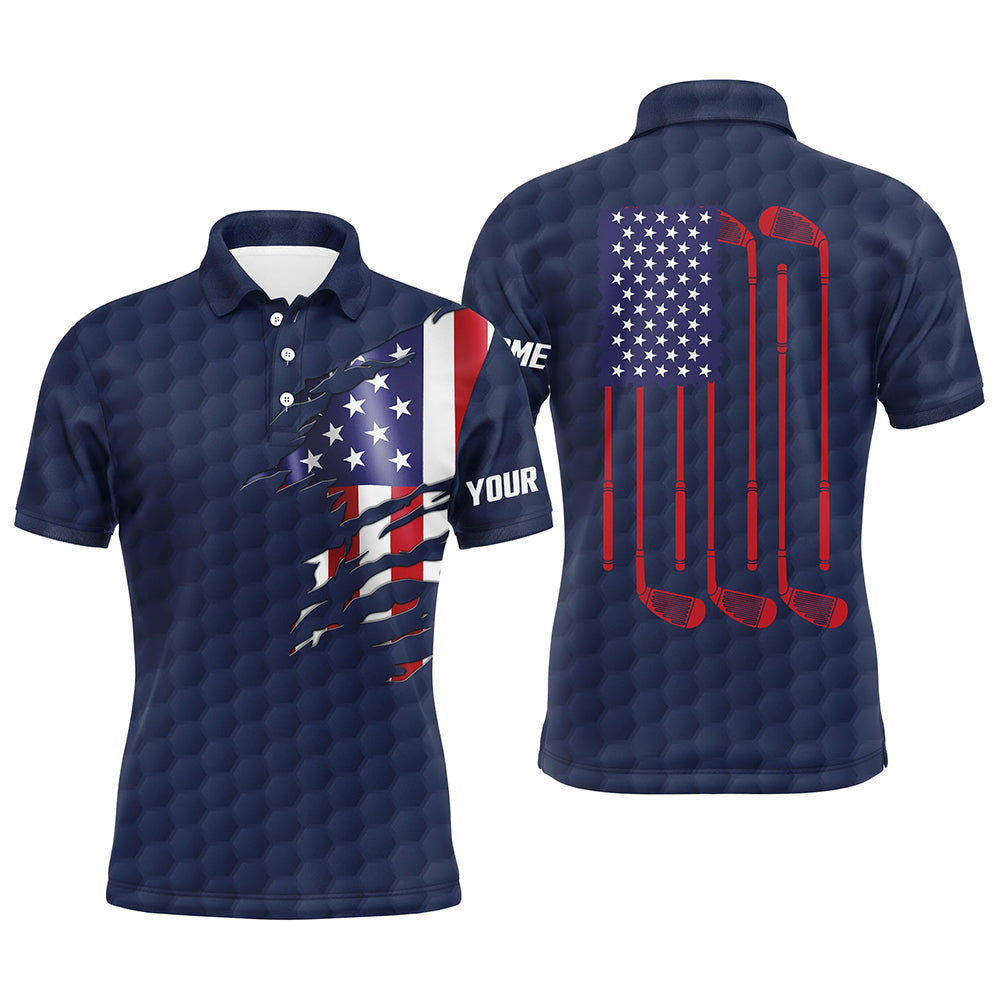 Mens golf polo shirts navy golf ball American flag patriotic golf clubs custom name golfing gifts NQS6636