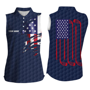 Womens sleeveless golf polo shirt navy golf ball American flag patriotic golf clubs custom golf gifts NQS6636