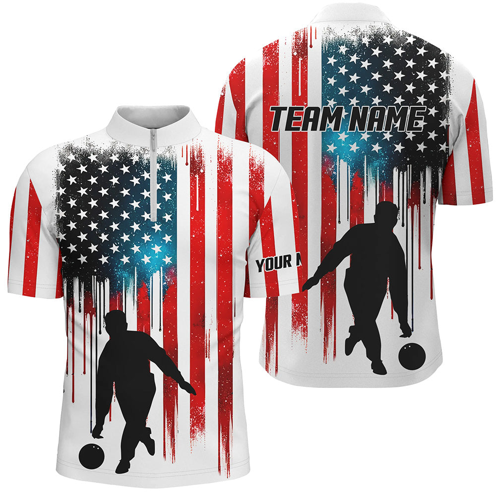 Red white and blue American flag Bowling Quarter Zip shirt For Men custom bowling jerseys for bowlers NQS6874