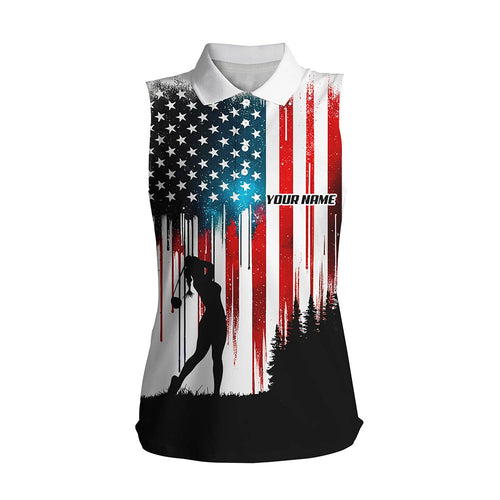 American flag Womens sleeveless polo shirt custom name women golfer patriotic golf tops for women NQS6873