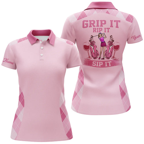 Funny Womens golf polo shirt custom name grip it rip it sip it, golf tops for ladies | Pink NQS5290