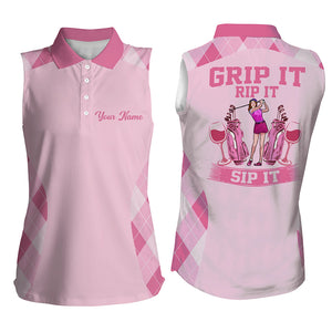 Funny Women sleeveless polo shirt grip it rip it sip it, womens golf tanks golf tops for ladies | Pink NQS5290