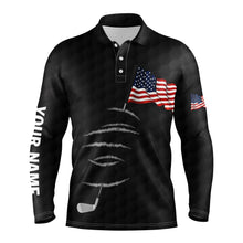 Load image into Gallery viewer, Personalized black golf polos shirt for men American flag 4th July custom name gifts for golf lovers NQS3947