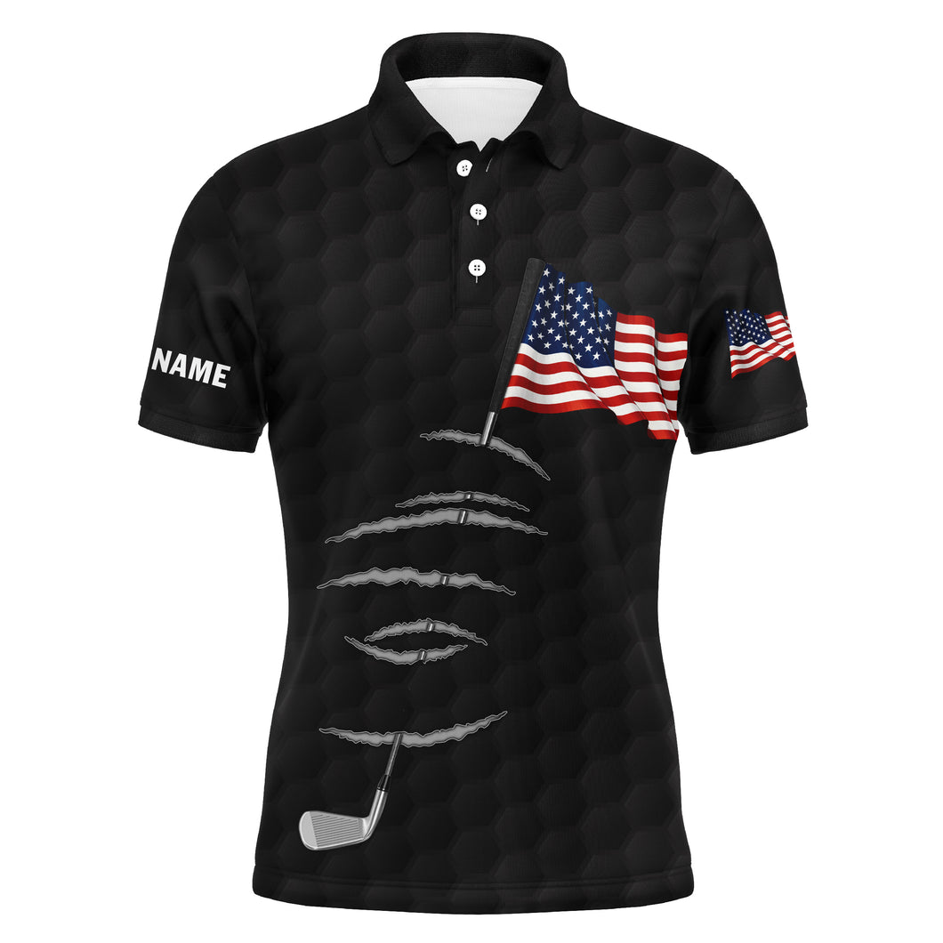 Personalized black golf polos shirt for men American flag 4th July custom name gifts for golf lovers NQS3947