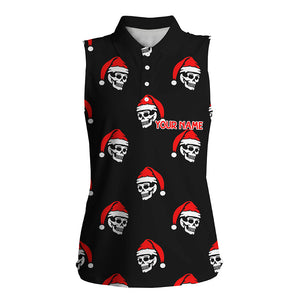 Black Womens sleeveless polos custom Skull Santa Christmas pattern golf shirt for women, golf gifts NQS6654