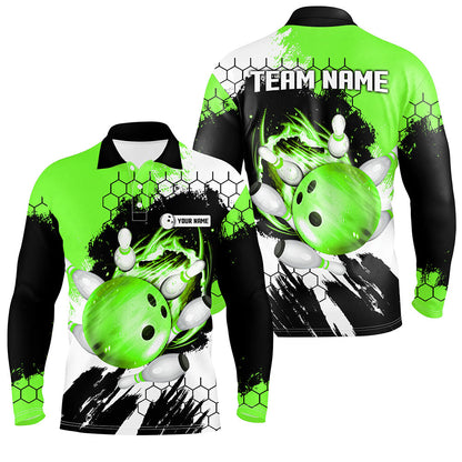 Green Flame bowling ball and pins jerseys Custom Team League Bowling Polo Shirts For Men NQS7163