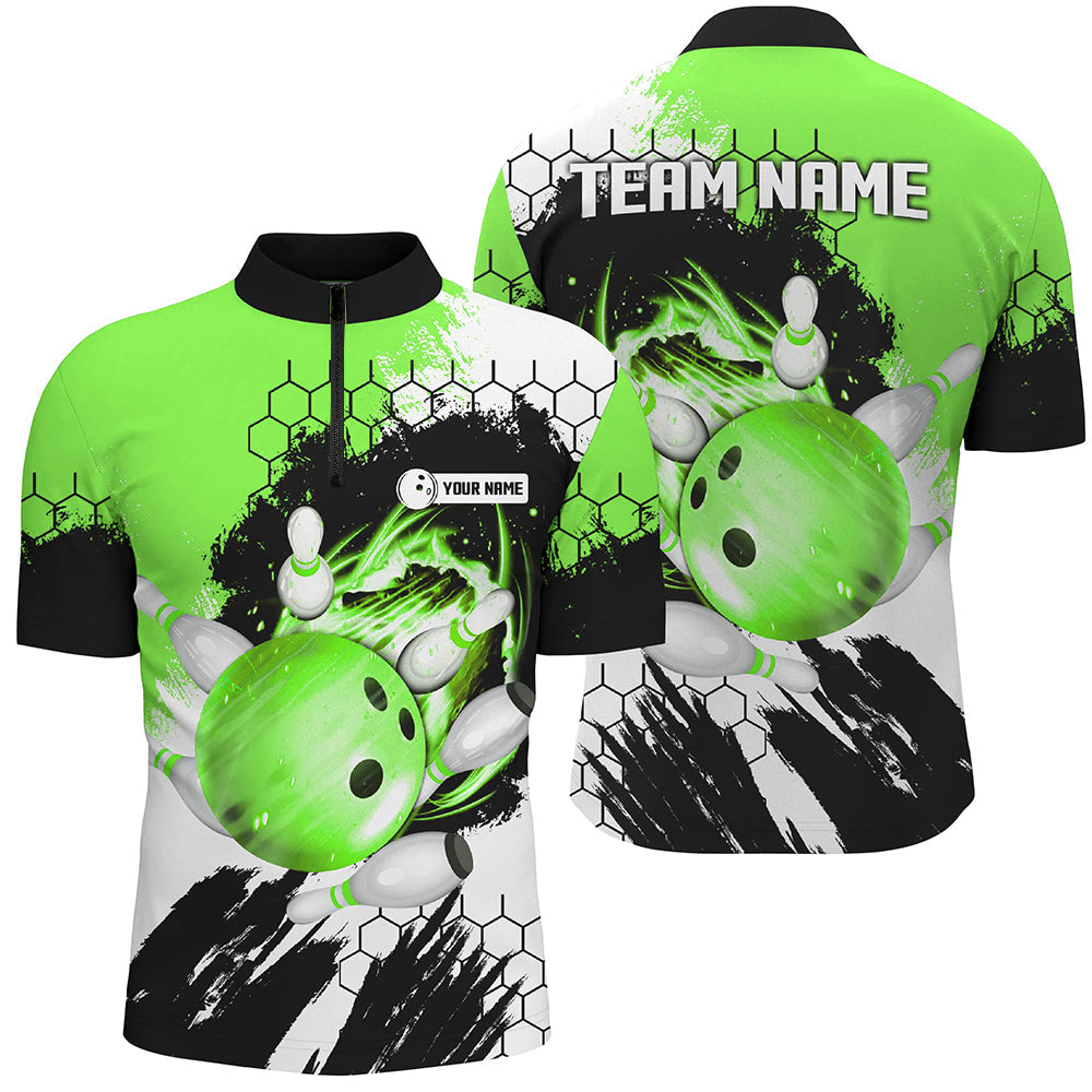 Green Flame bowling ball and pins jerseys Custom Team League Bowling Quarter Zip Shirts For Men NQS7163
