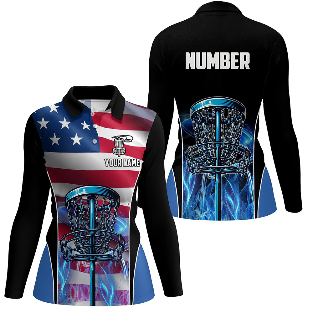 American flag Disc golf basket patriotic Womens disc golf polo shirts custom blue fire disc golf tops NQS7315