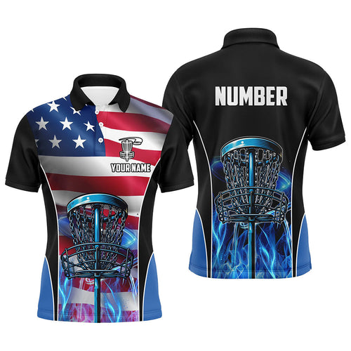 American flag Disc golf basket patriotic Men polo shirts custom blue fire disc golf tops for mens NQS7315