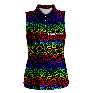 Colorful neon Rainbow leopard Womens sleeveless polo shirts, team golf shirt gift for golf lovers NQS4987