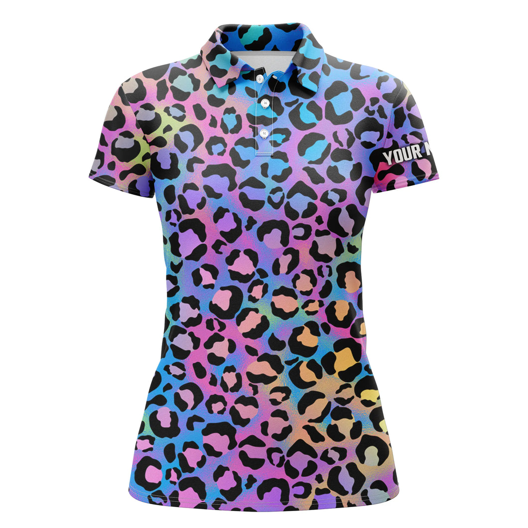 Colorful neon gradient leopard Womens golf polo shirts, custom pattern golf shirt gift for golf lovers NQS4989