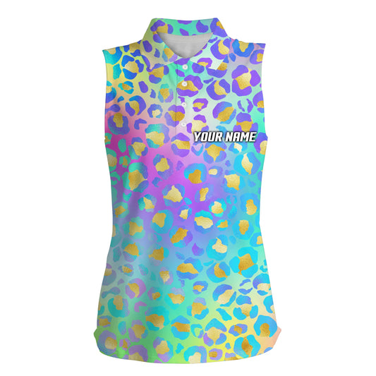 Womens sleeveless polo shirt neon leopard animal print ladies golf apparel custom women's golf outfits NQS4991